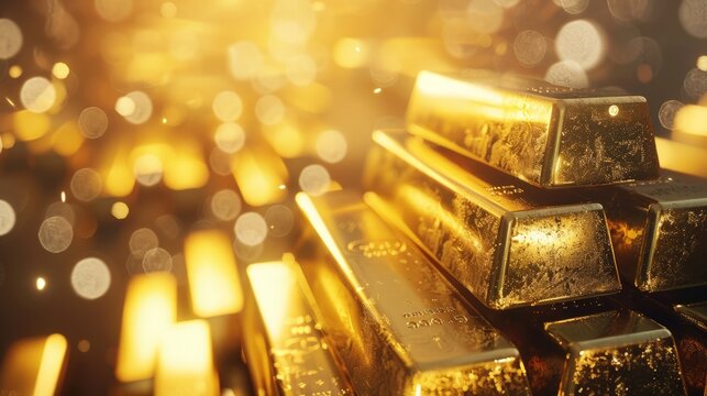 rendering shiny gold bars stacked in bokeh background with copy space,