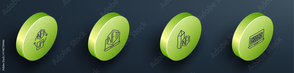 Poster set isometric line nft digital crypto art, laptop with store app, and binary code icon. vector