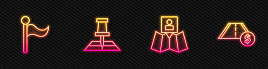 Set line Folded map with location marker, Flag, and Toll road traffic. Glowing neon icon. Vector