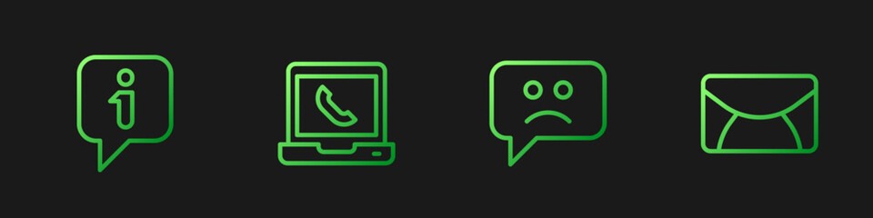 Set line Sad smile, Information, Telephone 24 hours support and Mail and e-mail. Gradient color icons. Vector