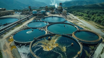 A wastewater treatment plant. Aerial high view. Generative AI. - obrazy, fototapety, plakaty