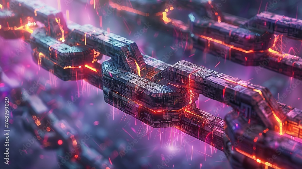 Poster abstract representations of the blockchain as a strong, unbreakable chain or a fortress, symbolizing