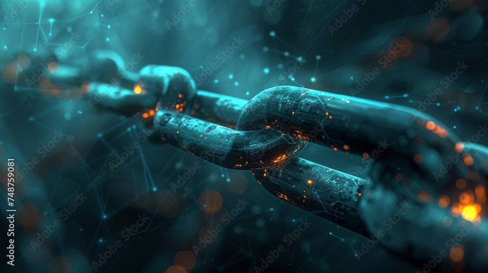 Poster abstract representations of the blockchain as a strong, unbreakable chain or a fortress, symbolizing