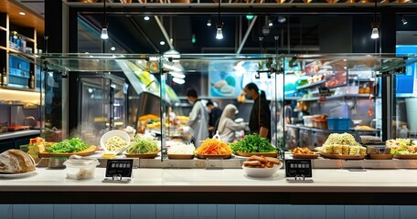 Naklejka premium Transparent Protection - Noodle stall in urban food court with clear acrylic barrier installed in front to separate seller and customers