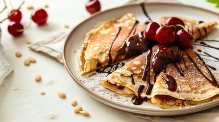 Tray whole wheat flour cacao homemade crepes, filling with a cherry compote and chocolate-cashew cream, drizzled with maple syrup. Tasty sweet breakfast, lunch or dessert. Menu, thin pancakes recipe