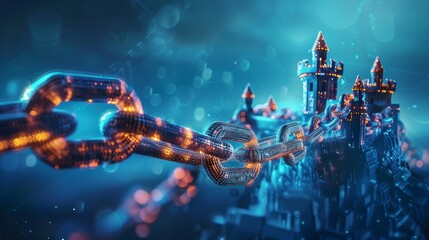Abstract representations of the blockchain as a strong, unbreakable chain or a fortress, symbolizing the inherent security features of blockchain technology against market volatility and cyber threats - obrazy, fototapety, plakaty