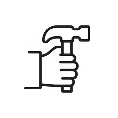 Hammer in hand, black line icon. Hand holding hammer. Vector illustration flat design. Isolated on white background. Symbol of working. Can be like a logo, print.