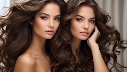 Fototapeta premium Captivating beauty with lustrous, smooth brown hair and pristine skin, a model sets the standard for hair and skincare product effectiveness Generative AI