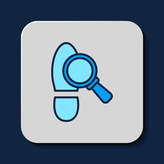 Filled outline Magnifying glass with footsteps icon isolated on blue background. Detective is investigating. To follow in the footsteps. Vector