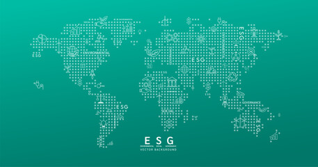 Green world map background with icons. ESG of environmental, social, and corporate governance. Sustainable corporation development and planning business strategy. Banner vector.