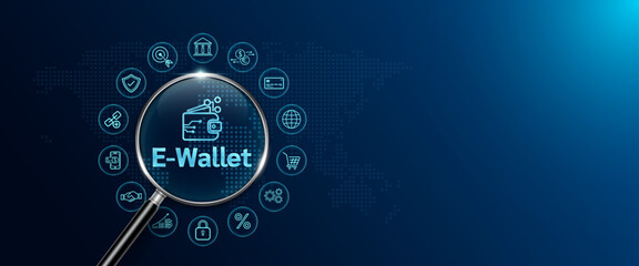 Magnifying glass look E Wallet and icon shopping, banking, exchange around. Digital wallet app. Online payment security and transaction planning business financial. Space for text. Banner vector.