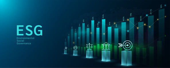 Icons ESG of Environmental, Social, Governance and chart stock market. Sustainable corporation development and planning business strategy. Analysis up trend of graph growth. Banner vector.