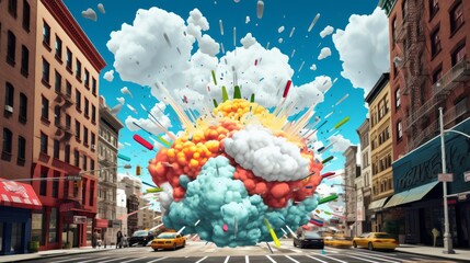 Comic Streets Boom Explosion Cloud 3D. Pop Art Explosion on a city street - obrazy, fototapety, plakaty