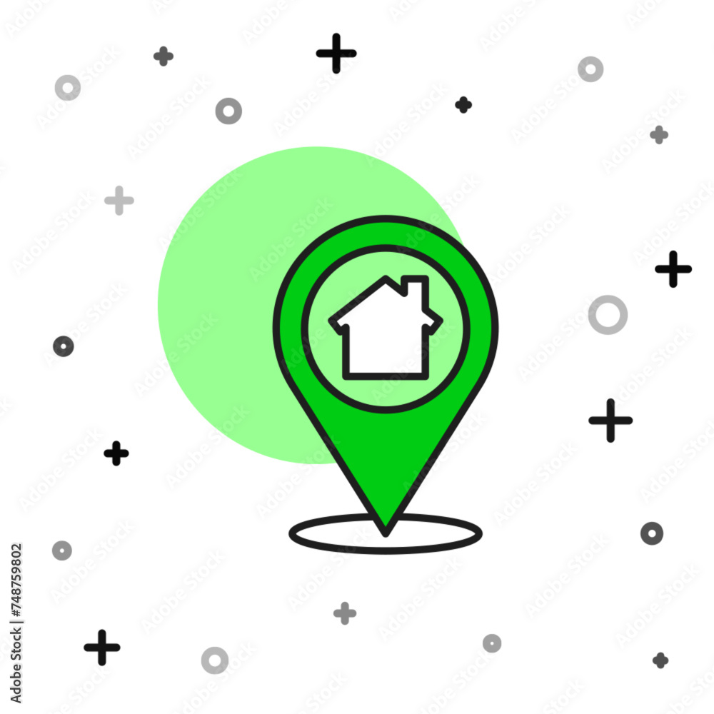 Poster filled outline map pointer with house icon isolated on white background. home location marker symbol