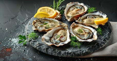 Exquisite Raw Oysters on a Round Stone Serving Board, Highlighted by Lemon