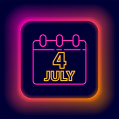Glowing neon line Day calendar with date July 4 icon isolated on black background. USA Independence Day. 4th of July. Colorful outline concept. Vector