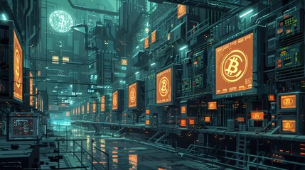 Central Bank Digital Currency (CBDC) Factory: An imaginative portrayal of a CBDC minting facility, where digital currencies are created with the stamp of governmental approval.