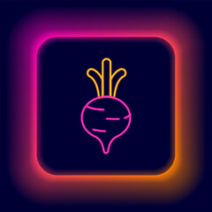 Glowing neon line Fresh beet with leaf icon isolated on black background. Natural Root. Vegetable Ingredient for food. Colorful outline concept. Vector