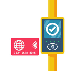 Cashless ticketing. Public transport. Online payment system in public transport bus, metro, tram, trolley. Plastic card. Vector illustration flat design. Isolated on a white background.