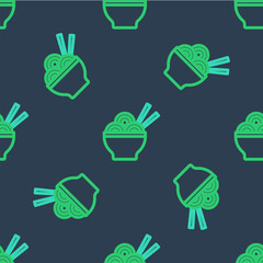 Line Asian noodles in bowl and chopsticks icon isolated seamless pattern on blue background. Street fast food. Korean, Japanese, Chinese food. Vector