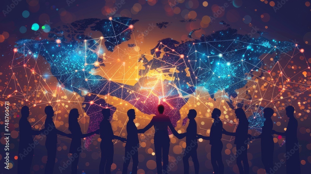 Aufkleber crypto collaboration: teams from different regions using blockchain for secure, transparent collabor
