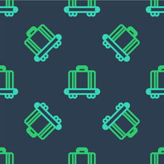 Line Airport conveyor belt with passenger luggage, suitcase, bag, baggage icon isolated seamless pattern on blue background. Vector