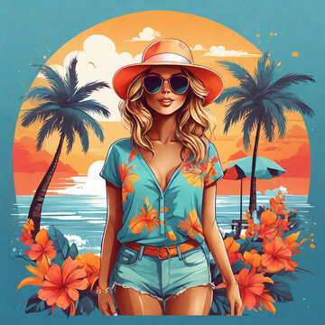 A Tshirt design featuring a stylish bikini girl and the beach