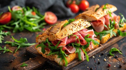 Delicious sandwiches with prosciutto cheese. Generative Ai - obrazy, fototapety, plakaty