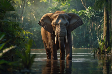 An elephant crossing a canal in a rainforest
