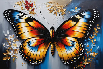 Ölgemälde eines Schmetterlings auf Leinwand. Gold, Schwarz, Blau, Rot und Grau.