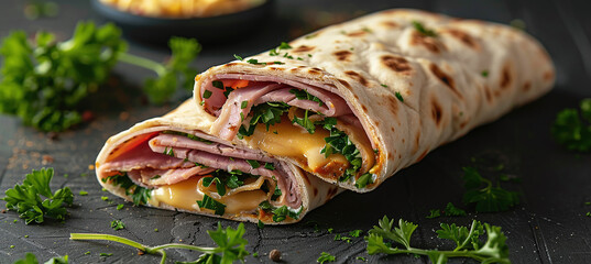 Lavash roll with cheesy ham and parsley for a nutritious club sandwich