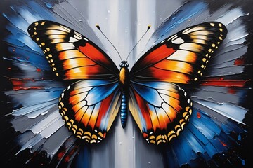 Ölgemälde eines Schmetterlings auf Leinwand. Gold, Schwarz, Blau, Rot und Grau.