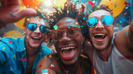 A group of men and women happily pose at a party and document their happy moments with friends. - obrazy, fototapety, plakaty