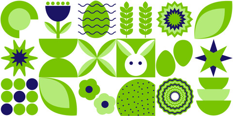 Geometric abstract pattern. Easter, eggs, flowers, plants of simple shapes. Vector illustration.
