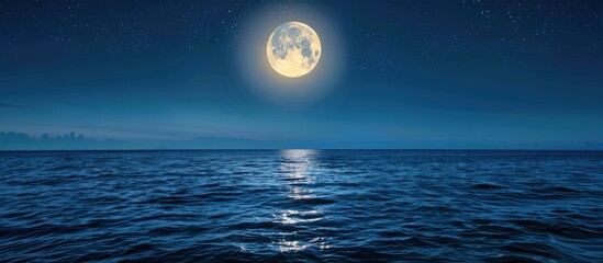 Panoramic full moon light rising over deep blue ocean at night. Generated AI image
