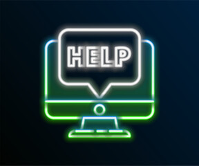 Glowing neon line Computer monitor and help icon isolated on black background. Adjusting, service, setting, maintenance, repair, fixing. Colorful outline concept. Vector