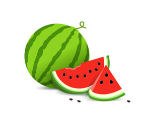 Watermelon and juicy slices. Half and triangular slice with seeds. vector illustration Water melon in flat style. concept Summer food. isolated on white background.