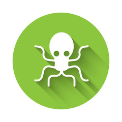 White Octopus icon isolated with long shadow. Green circle button. Vector