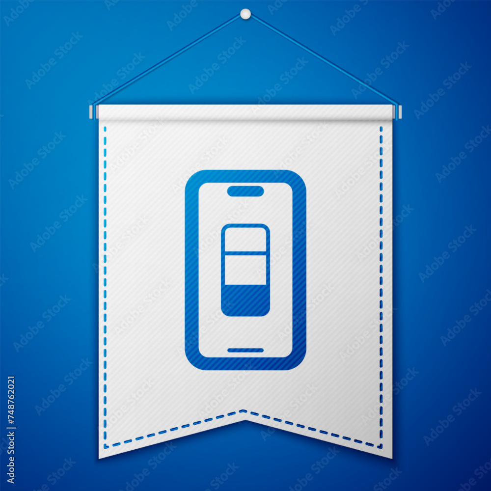 Wall mural Blue Smartphone battery charge icon isolated on blue background. Phone with a low battery charge. White pennant template. Vector