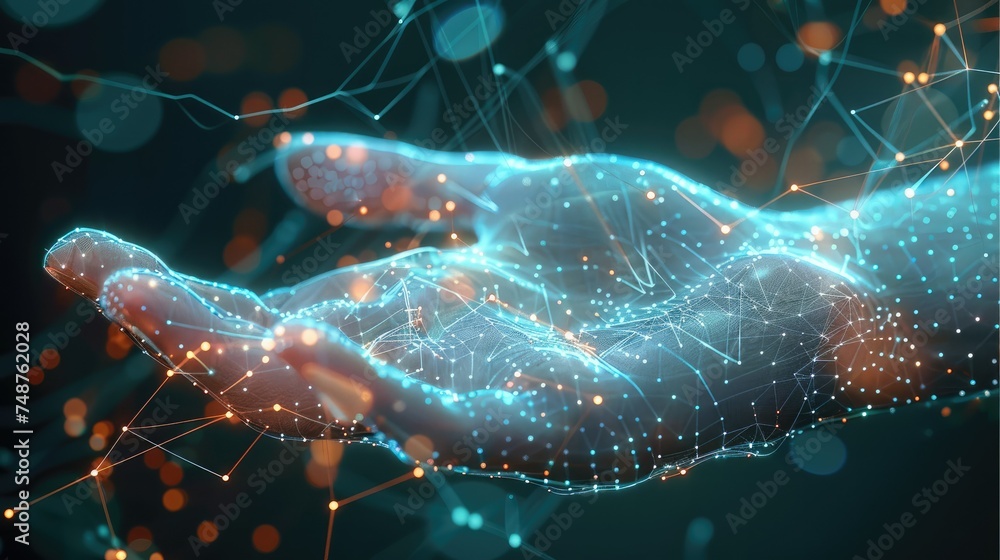 Aufkleber technology hand from moving lines and dots, communication and technology network concept. generative
