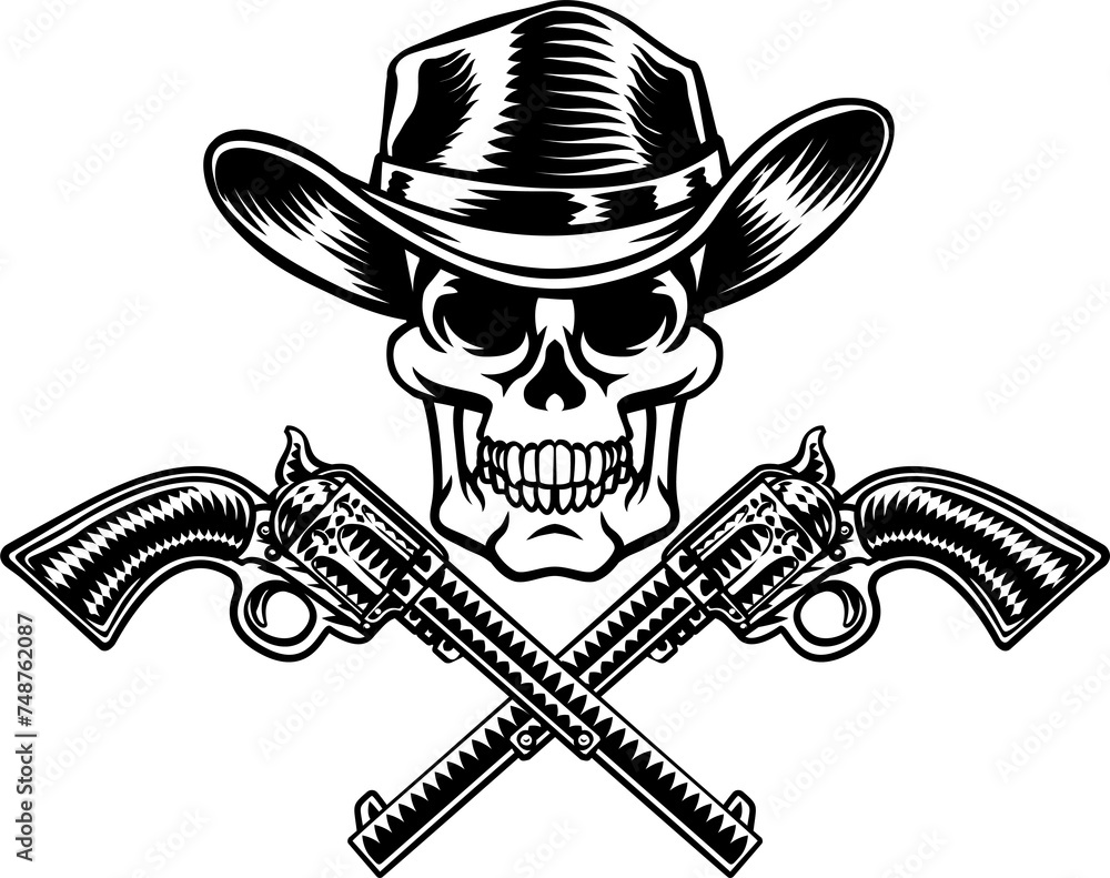 Poster cowboy hat pistols skull pirate cross bones