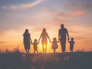 Family walking in the park at sunset