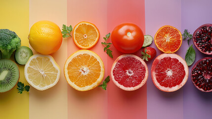 Above view with various colorful fruits on a different pastel colors background, Generative AI