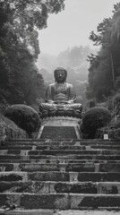 Black and white image of Daibutsu Buddha statue, Generative AI