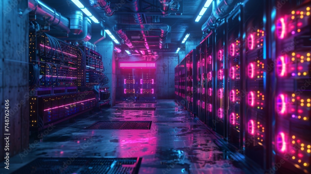 Poster crypto mining farm: an expansive view of a high tech crypto mining operation, with rows of rigs unde