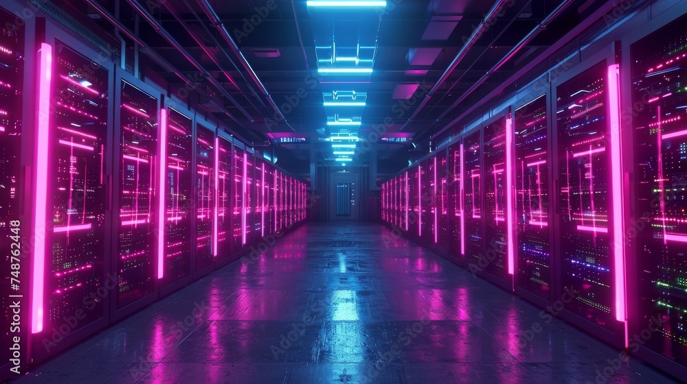 Poster crypto mining farm: an expansive view of a high tech crypto mining operation, with rows of rigs unde