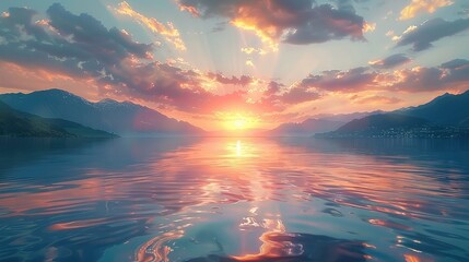 Crystal-clear lake with reflecting a sunset. Generative AI.