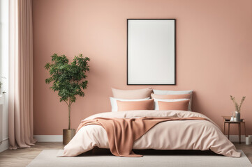 Elegant Bedroom Interior with Peach Bedding and Modern Decor