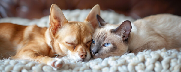 A Chihuahua and Siamese cat share a heartwarming moment on a cozy blanket, exemplifying the charm of inter-species companionship. Perfect for showcasing adorable moments and the coziness.