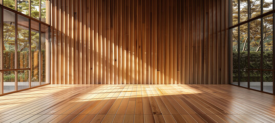 a room with a wooden floor and a wooden wall